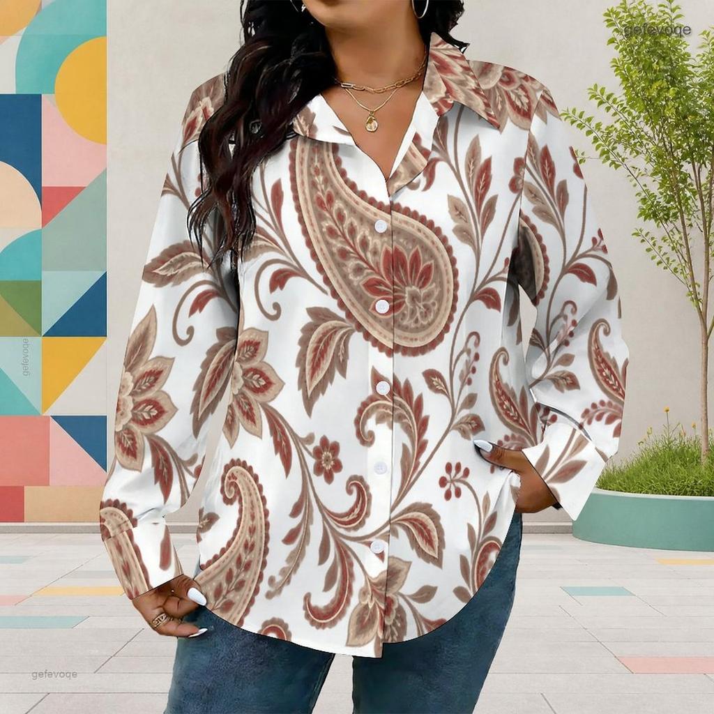 Women Plus Size Collared Long Sleeve Printed Red Floral Button Front Shirt Curved Hem