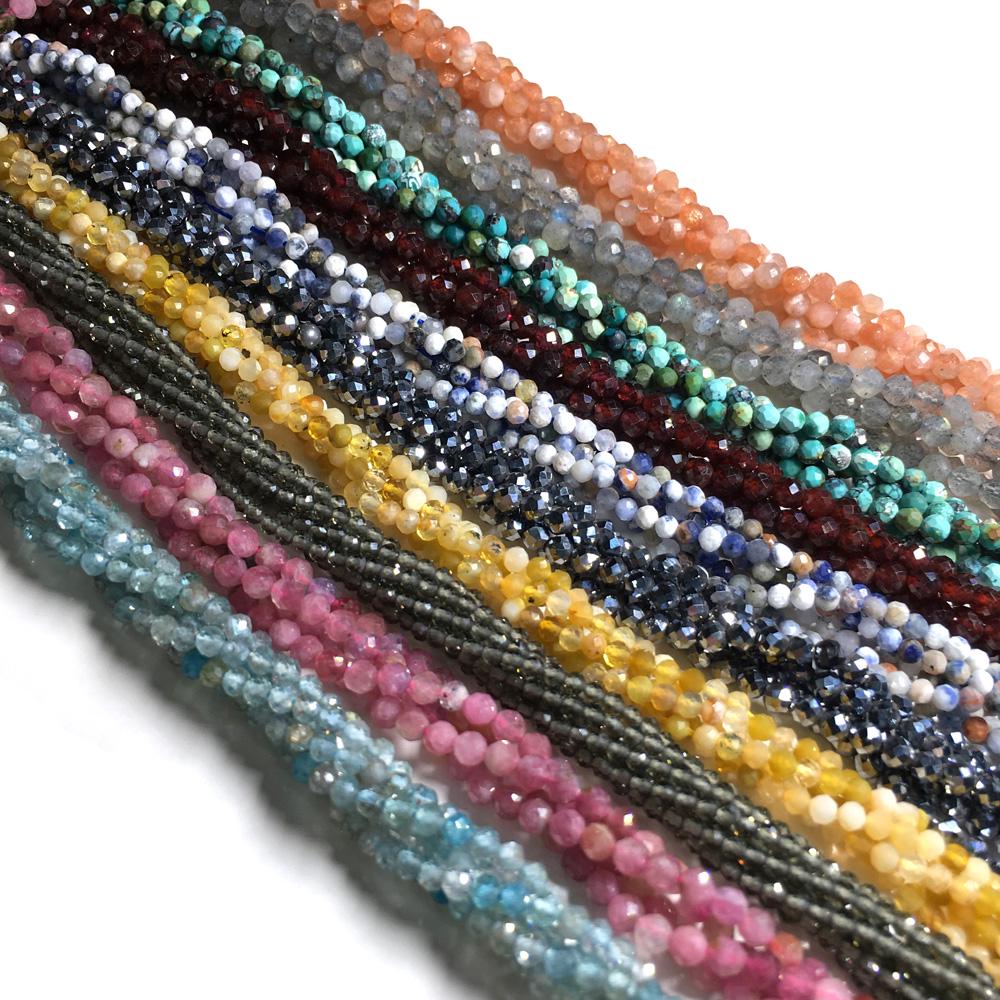 1String, Faceted Natural Stone Beads, 2mm, 3mm Small Round Turquoise Tourmaline Obsidian Gems Loose Spacer Beads for Jewelry Making DIY Crafts, 38cm