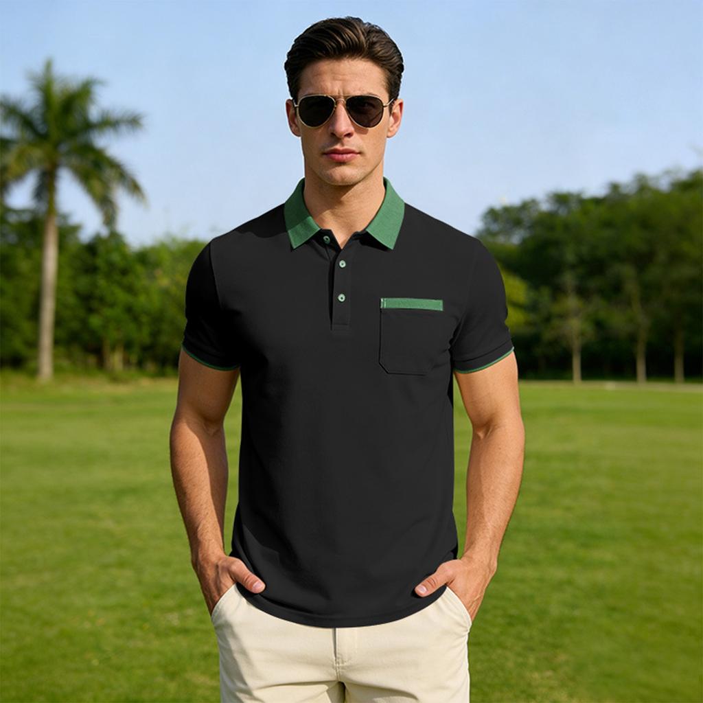 Men’s Short Sleeve Polo Shirt with Collar Pocket Classic Fit Casual Button Down Top