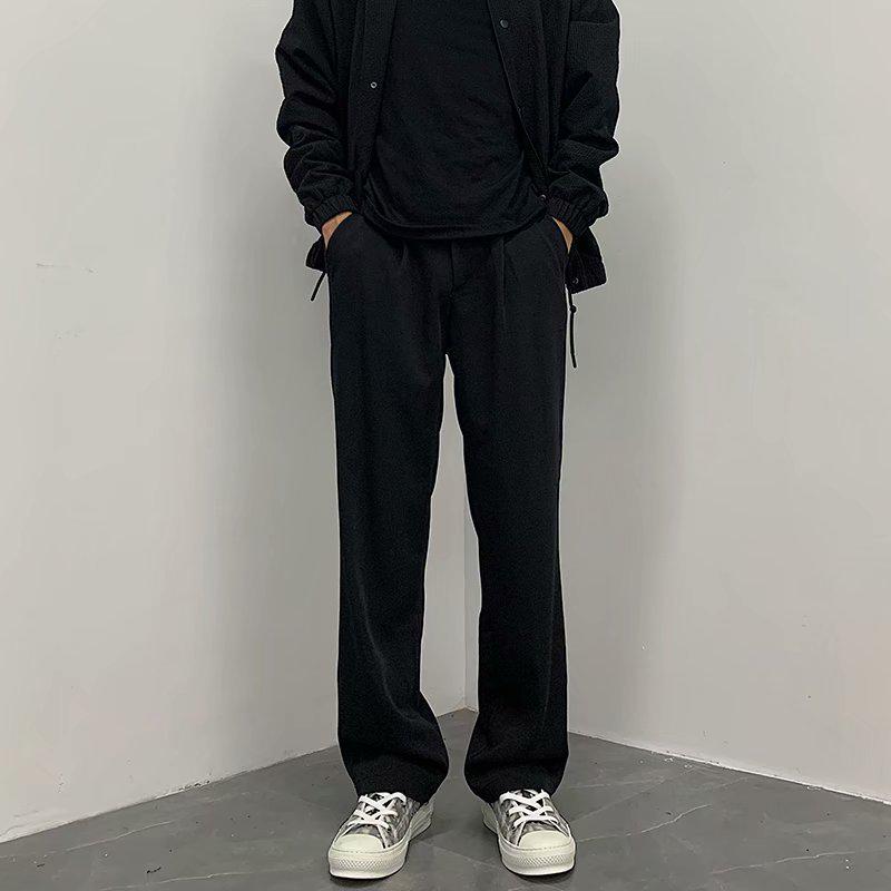 Men's Classic Solid Color Pleated Casual Trousers - Versatile, Loose-Fit for Spring and Autumn, Korean Business Style