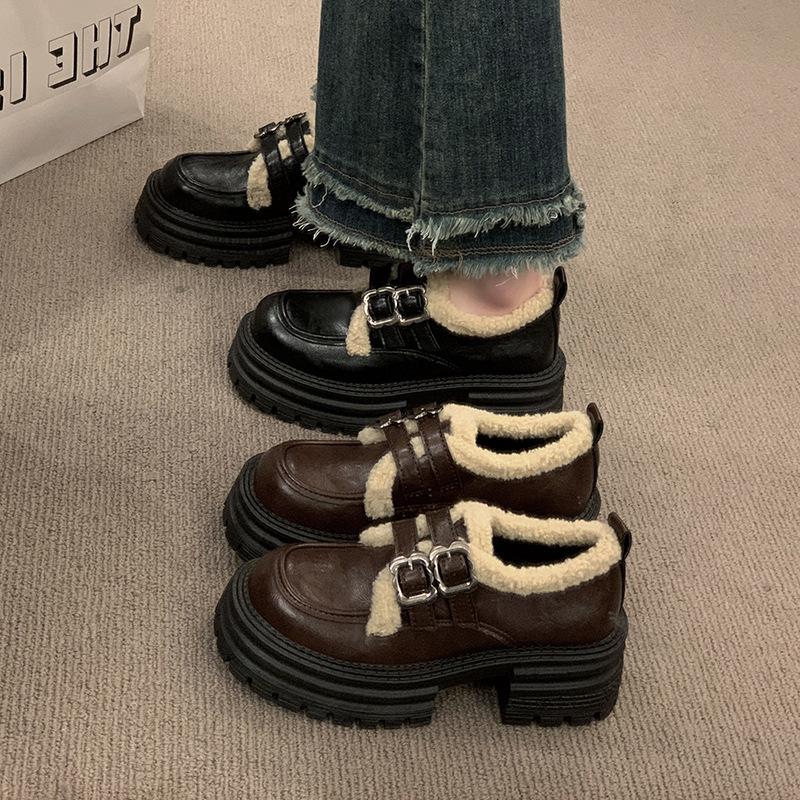 Black thick heel platform small leather shoes women's 2025 autumn new retro British style loafers velvet warm JK shoes