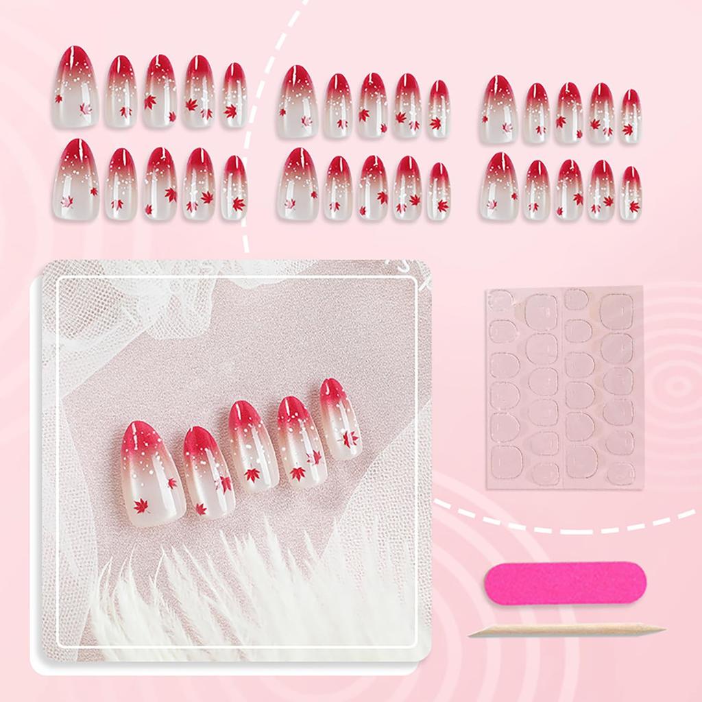 30Pcs Fall Press On Nails Medium Almond Red Maple Leaf Fake Nails with Gradient Designs Fall Leaves Stick On Nails Full Cover Autumn Acrylic Nails
