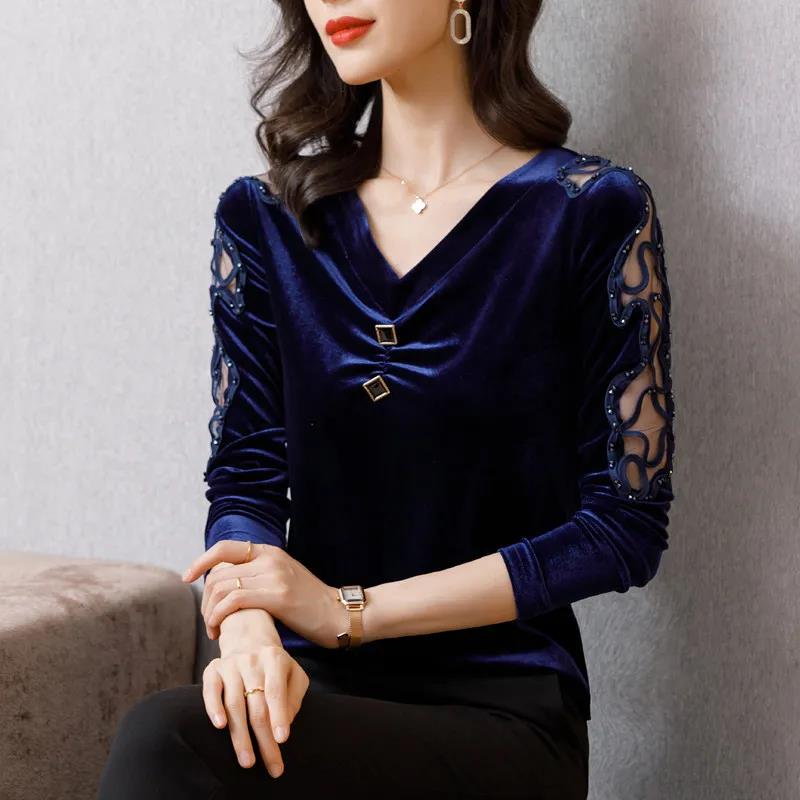 

Женская блузка Pleuche Top Женский осенне-весенний кружевной пуловер с v-образным вырезом и длинными рукавами XXXL синий