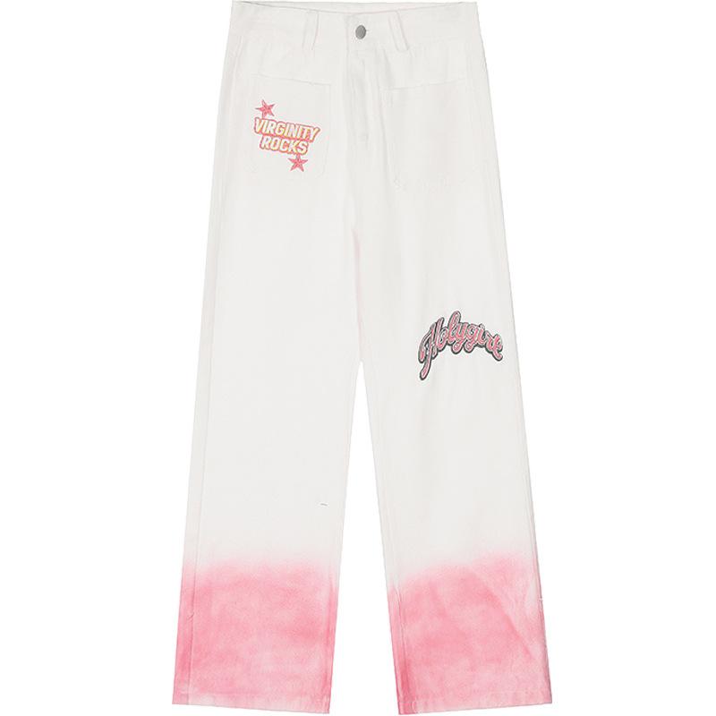 

Градієнтні рожеві джинси, жіночі контрастні та нові милі прохолодні вишивка, вільна висока талія, прямі штани, повсякденні широкі довгі штани XL білий