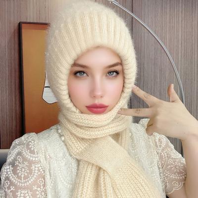 Yousheng Winter Knit Hat with Integrated Scarf Solid Color Thickened Velvet Women Hat Long Scarf Set Cold Weather Headwear