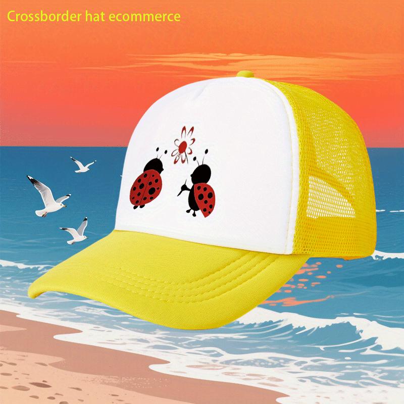 Charming Ladybug Cartoon Mesh Trucker Hat Breathable Polyester Blend Casual Baseball Cap Adjustable Sun Hat