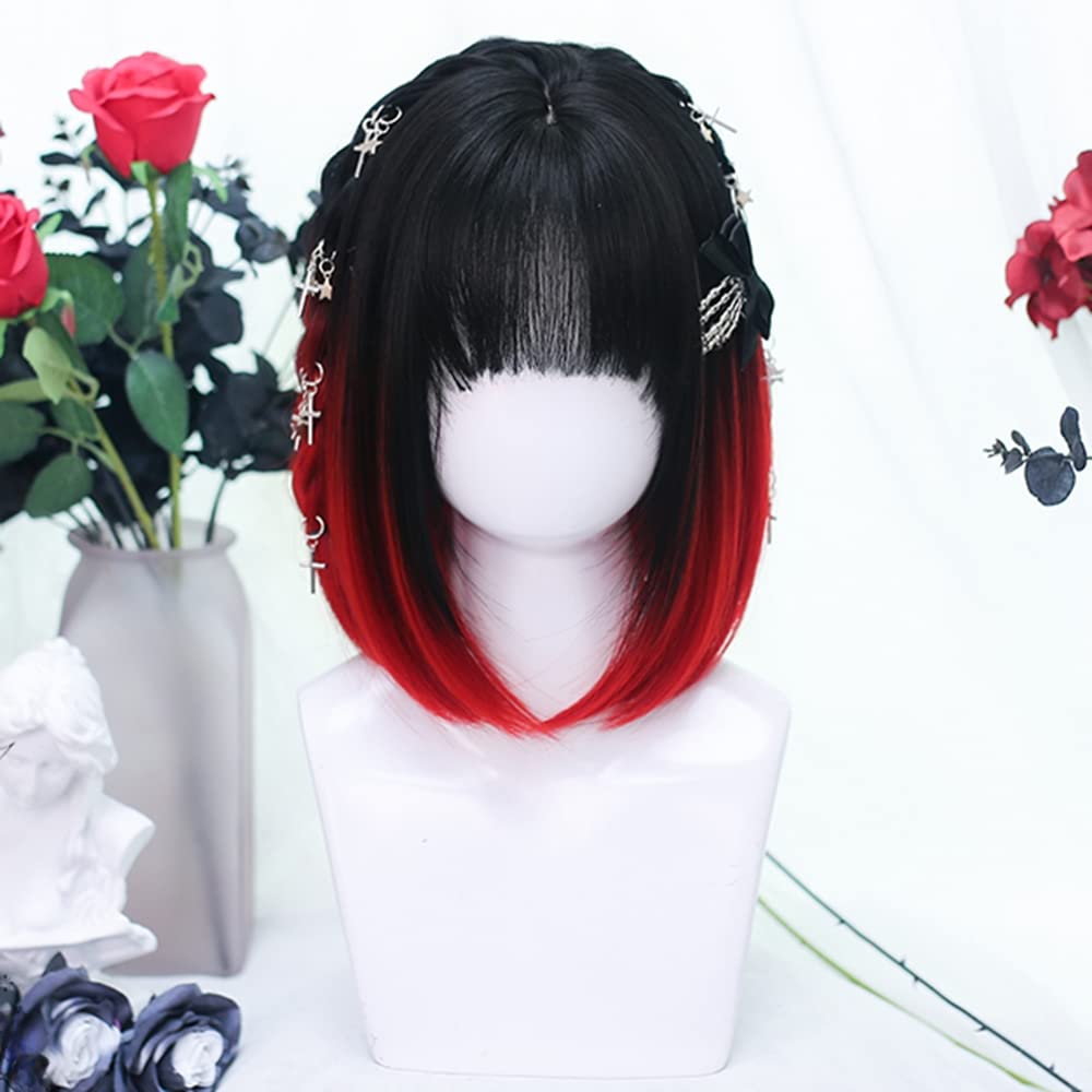 Straight Full Wig, Bob, Mori Girl, Dreamy, Cute, Heat-resistant, Semi-long, Cosplay, Lolita Style, Everyday Wear, Black and Red Gradient Wig