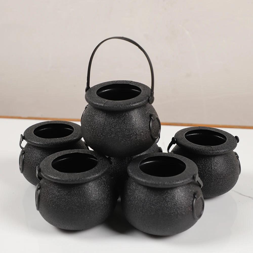 6pcs Halloween Cauldron Bucket Candy Pumpkin Mini Witch Black Pot Decor Buckets Bowl Witches Kettle Container
