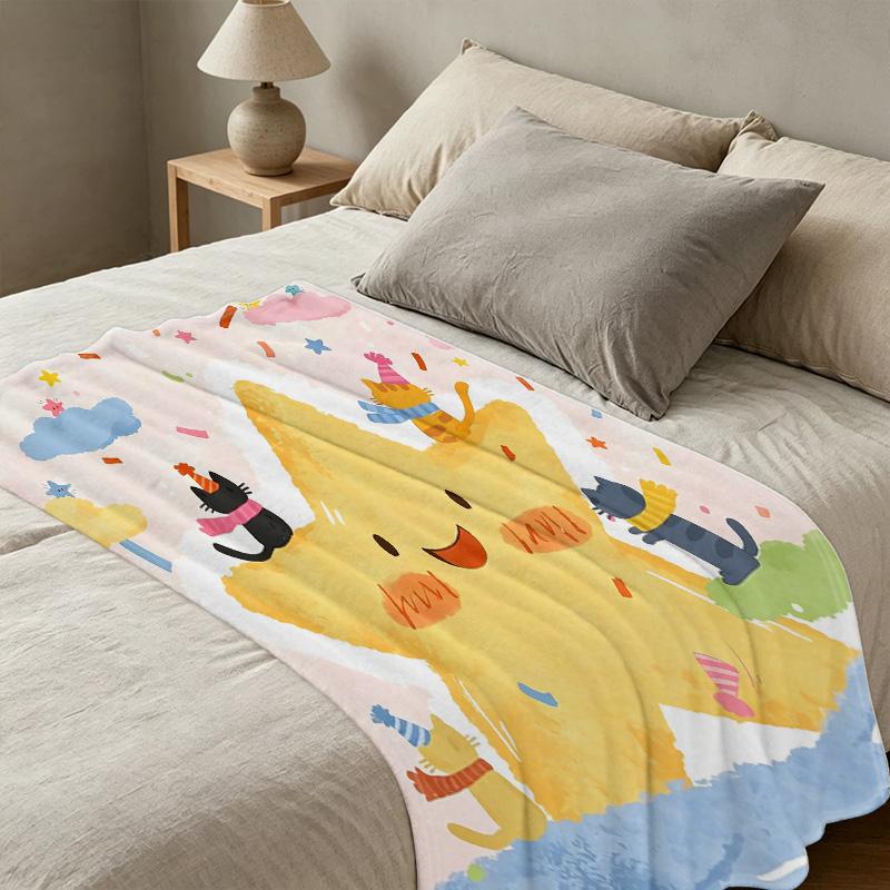 Cartoon Cat & Star Print Flannel Fleece Blanket Ultra Soft, Skin-Friendly Warm Cozy Throw for Home, Couch, Napping, Christmas & Halloween