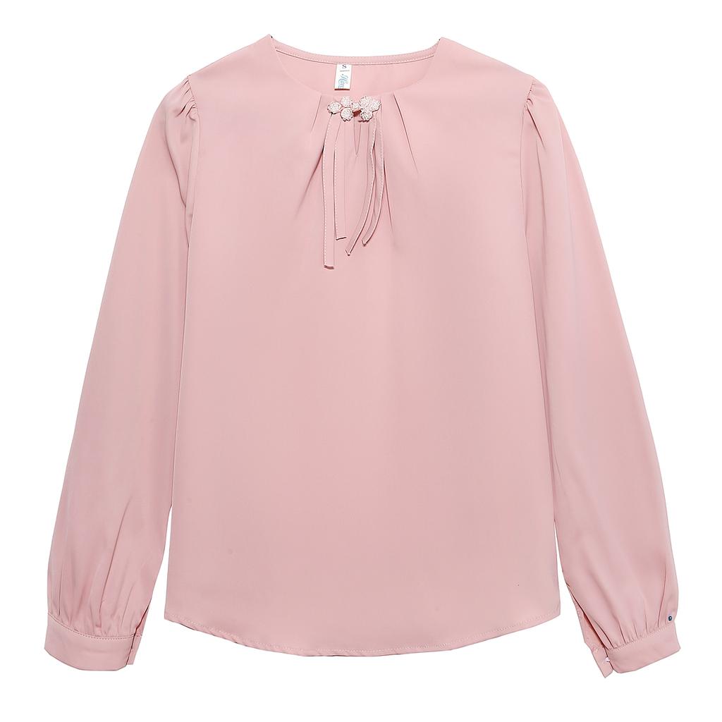 Fashion New 2024 Autumn Long Sleeve O-Neck Office Lady Pink Chiffon Blouse Shirt Women Tops Blouses Shirts J477