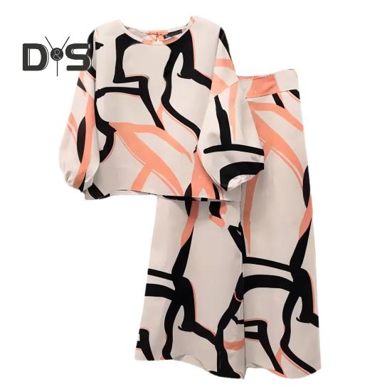 

2 шт./комплект женский наряд бохо цветочный узор комплект O-образный вырез рукав 3/4 блузка широкие брюки свободный крой костюм L бежевый