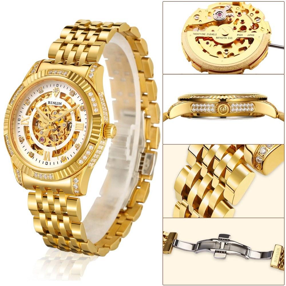 BINLUN Men's Automatic Skeleton Watch Full Skeleton Double-Sided Gold Finish