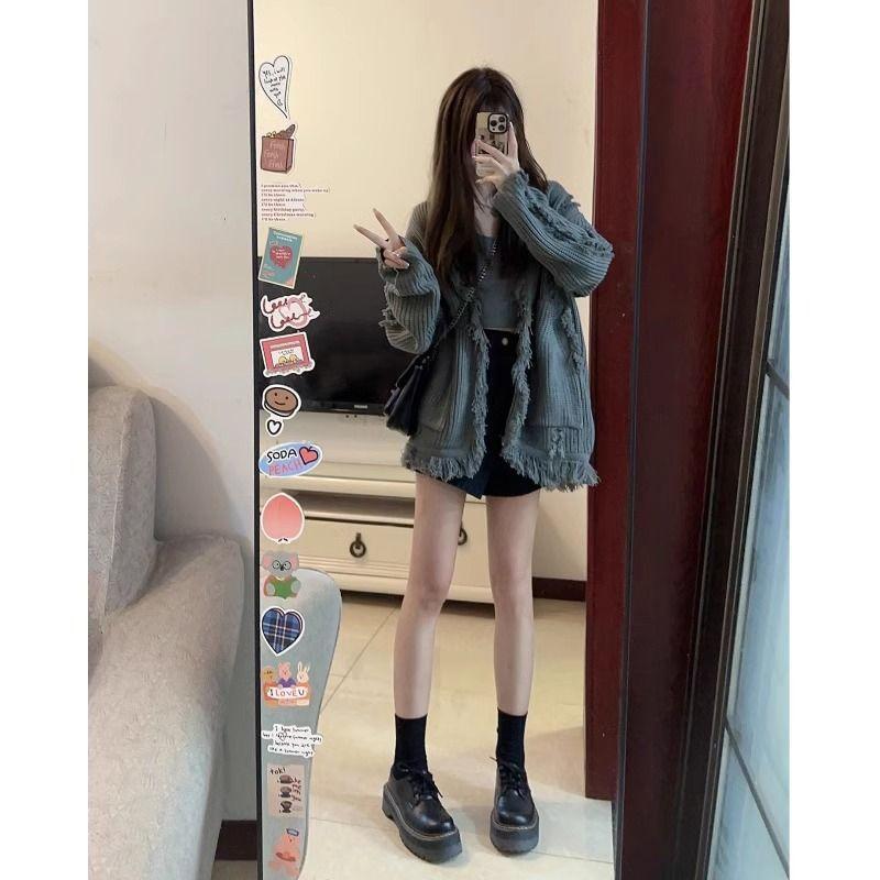 

Необработанный край бахрома серый свитер куртка женская осень и зима большой размер пикантный свободный вязаный кардиган топы женский удобный универсальный и модный S