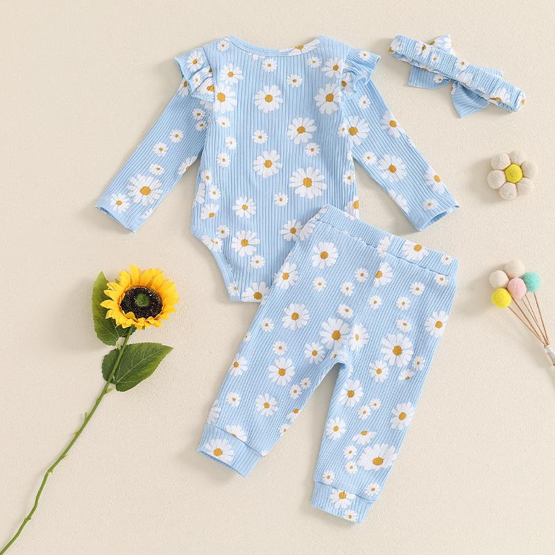 Citgeett Autumn Infant Baby Girl Fall Outfit Daisy Print Long Sleeve Romper Pants Headband Clothes Set