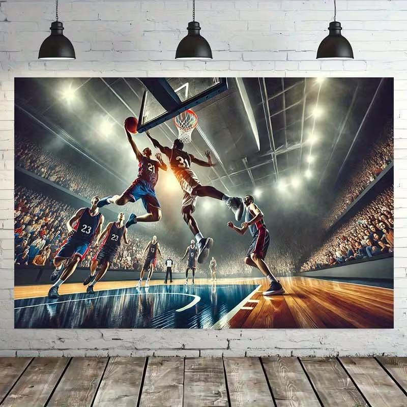 High-Energy Basketball Tapestry, Dynamic Slam Dunk Scene Under Bright Stadium Lights, Bold Sports Wall Art