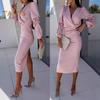 Fall Spring Women Dress V Neck Bubble Sleeves Formal Business Style Slim Fit Solid Color High Waist OL Commuting Office Midi Dress