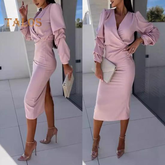 Fall Spring Women Dress V Neck Bubble Sleeves Formal Business Style Slim Fit Solid Color High Waist OL Commuting Office Midi Dress