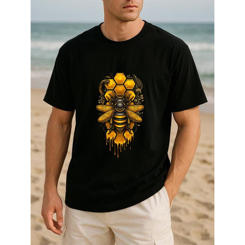 European Size Hive Bee Snake Dark Natural Style Fashion Trend T-shirt, Men's Casual Short-sleeved Round-neck Pattern Printed T-shirt, Four-season