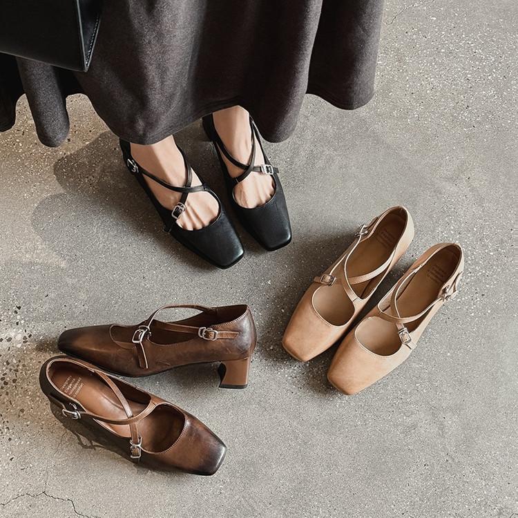 First layer cowhide cross strap Mary Jane shoes 2025 autumn square head thick heel medium heel leather single shoes women