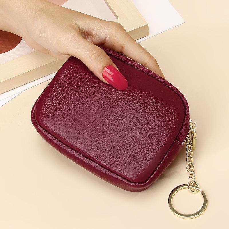 Women's Genuine Leather Mini Zipper Wallet: First Layer Cowhide Keychain Card & Coin Purse
