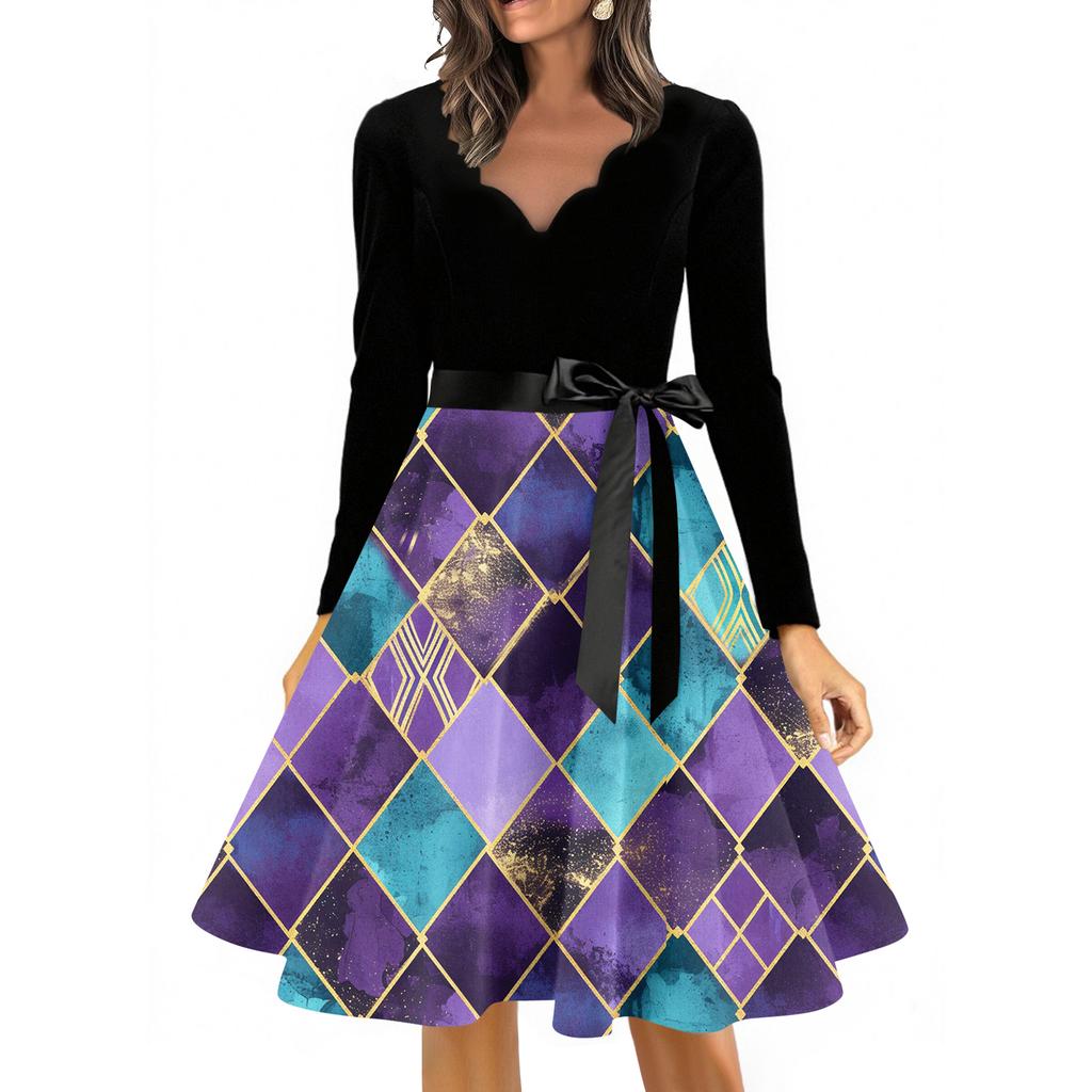 Women's Casual Fashion V Neck Long Sleeve Printed Vintage Long Dress
