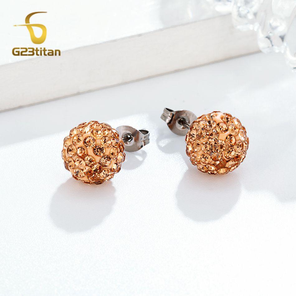 Colors Crystal Bead Polymer Clay Earrings G23 Titanium Ear Stud Micro Pave Rhinestone Disco Ball Hypoallergenic Piercing Zircon