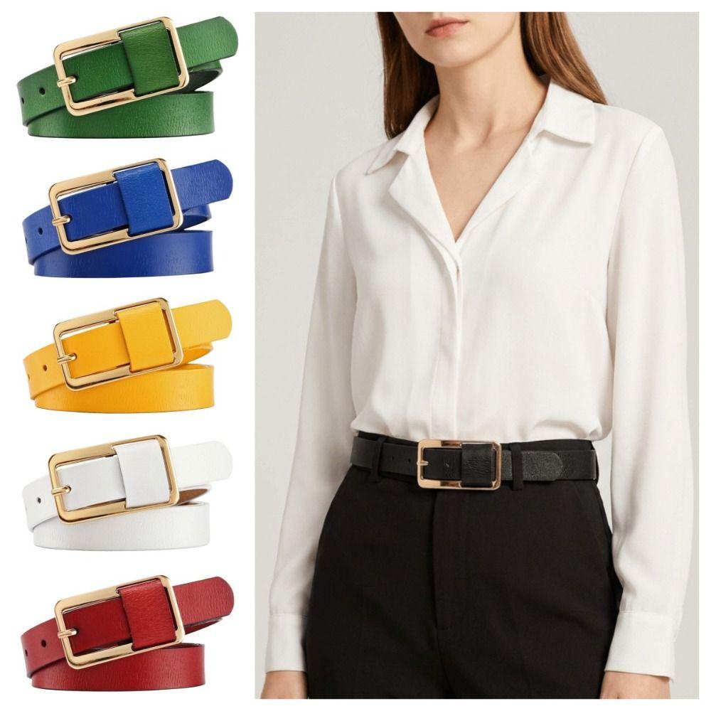 Solid Color Thin Waist Belt Metal Buckle Women Waistband Fashion Genuine Leather Belt Daily