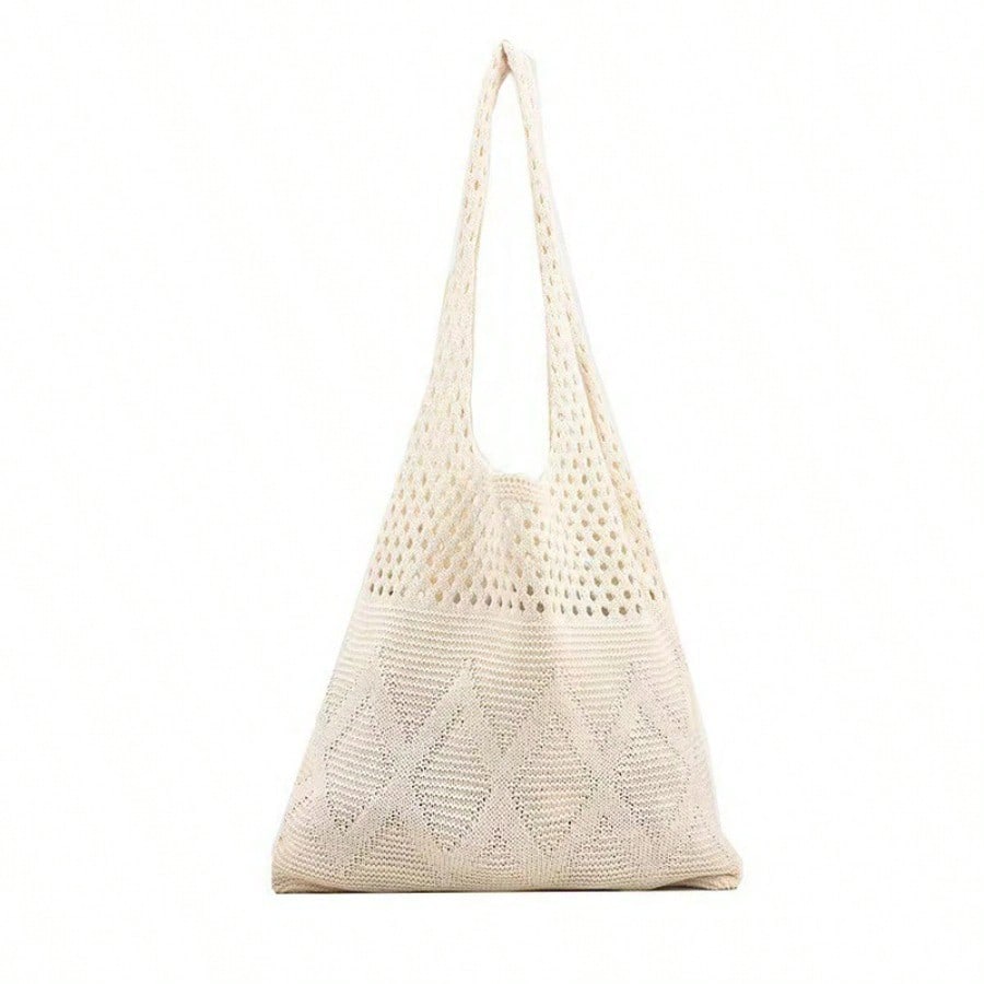 Versatile hollow woven bag fashion shoulder bag large capacity knitted tote bag simple beach bag for women
