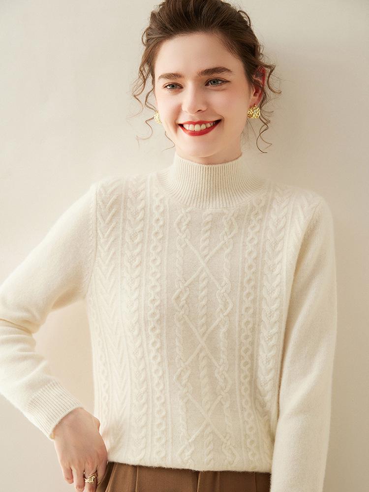 Women's High Neck Cashmere Pullover - Long Sleeve Solid Color with Diamond Cable Knit Pattern for Fall and Winter