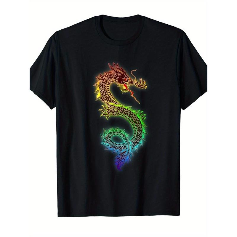 

European sizes Men S Chinese Dragon & Japanese Mythology Graphic T-Shirt - Retro Neon Green & Dragon Print, Comfort Fit Casual Short Sleeve 4XL чорний