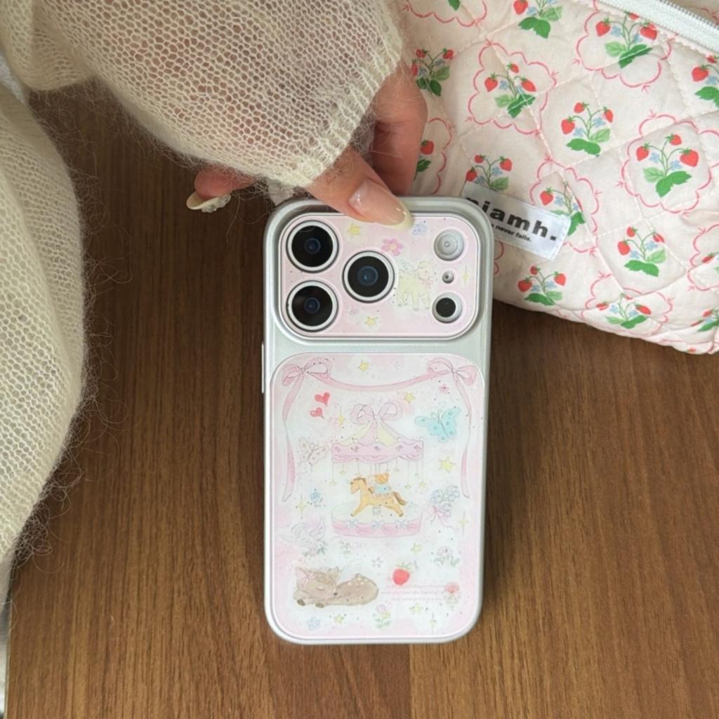 Korean Cute Pink Carousel Deer Bow iPhone 17 Pro 16 Pro Max 14 15 Case Anti Drop Protective Cover
