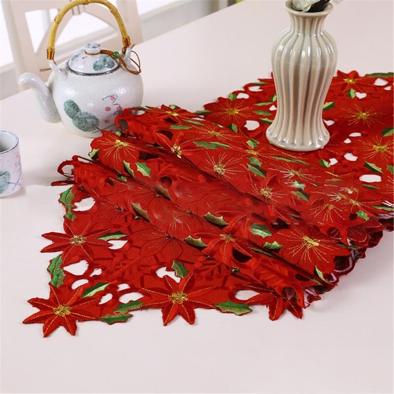 Linen Table Runner Long Embroidered Rustic Table Linen Flower Pattern Hollow Table Cover Dining Room Decoration Home Use