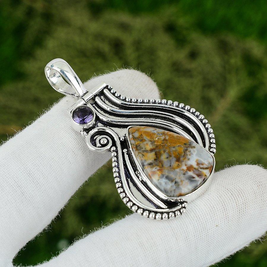 

Pear Natural Polka Dot Agate Amethyst Sterling Silver Engagement Mother Pendant