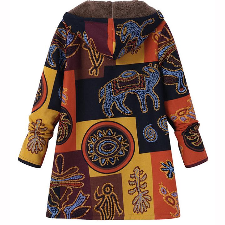 Printed Hooded Long Sleeve Coat Oversized Vintage Women Autumn Winter Warm Plush Jacket Casual