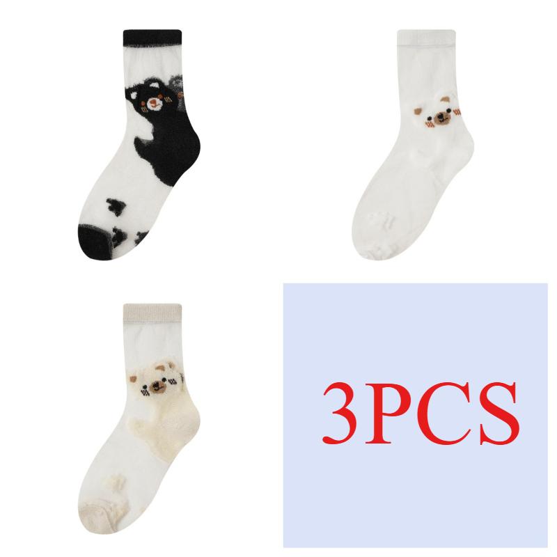 3/5 Pairs Cartoon Bear Sheer Mesh Socks for Women Breathable Transparent Ankle Socks Thin Summer Socks Cute Animal Pattern Socks