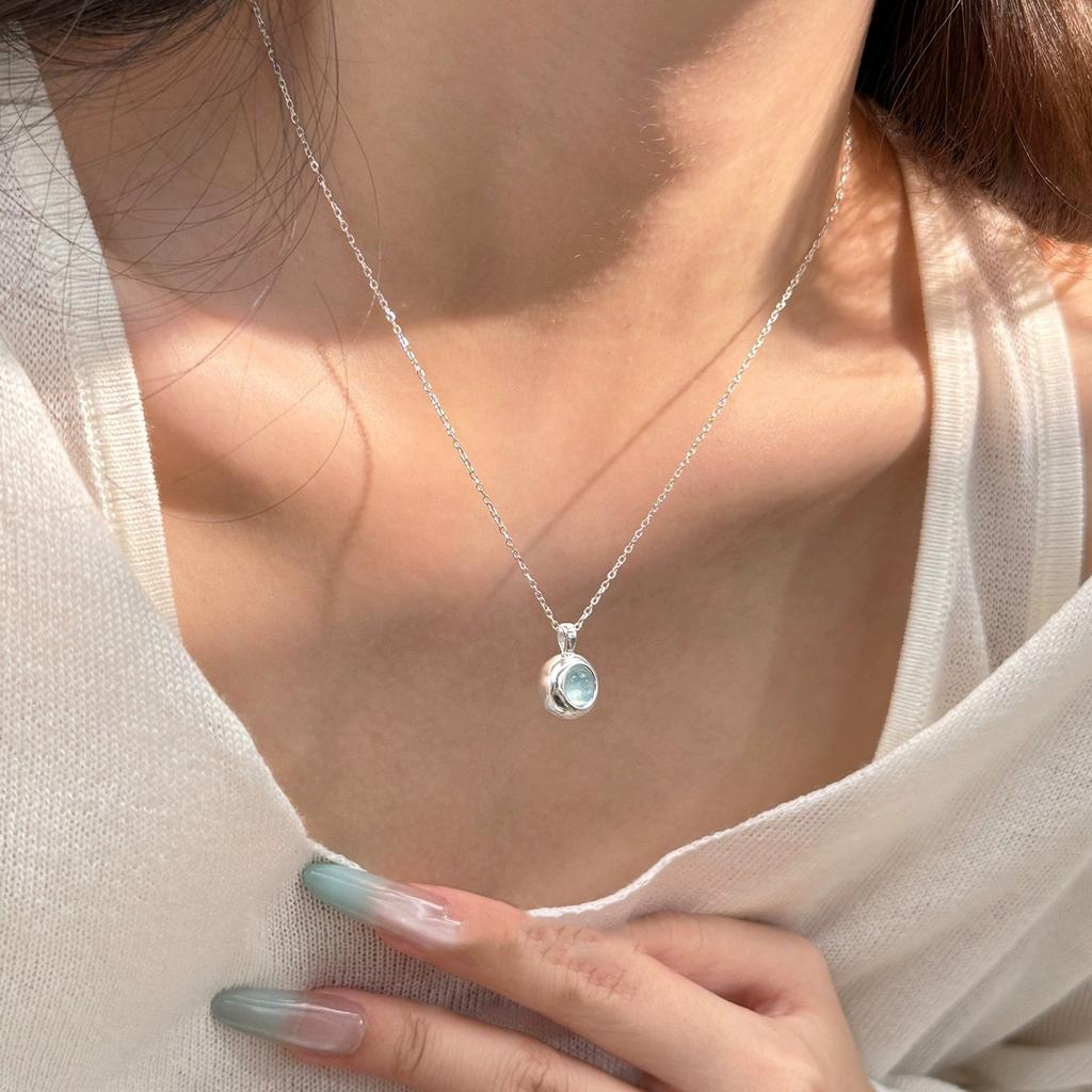 PANJBJ 925 Sterling Silver Blue Crystal Necklace for Women Design Minimalism Sweet Extremely Fine Jewelry Birthday Gift Dropship