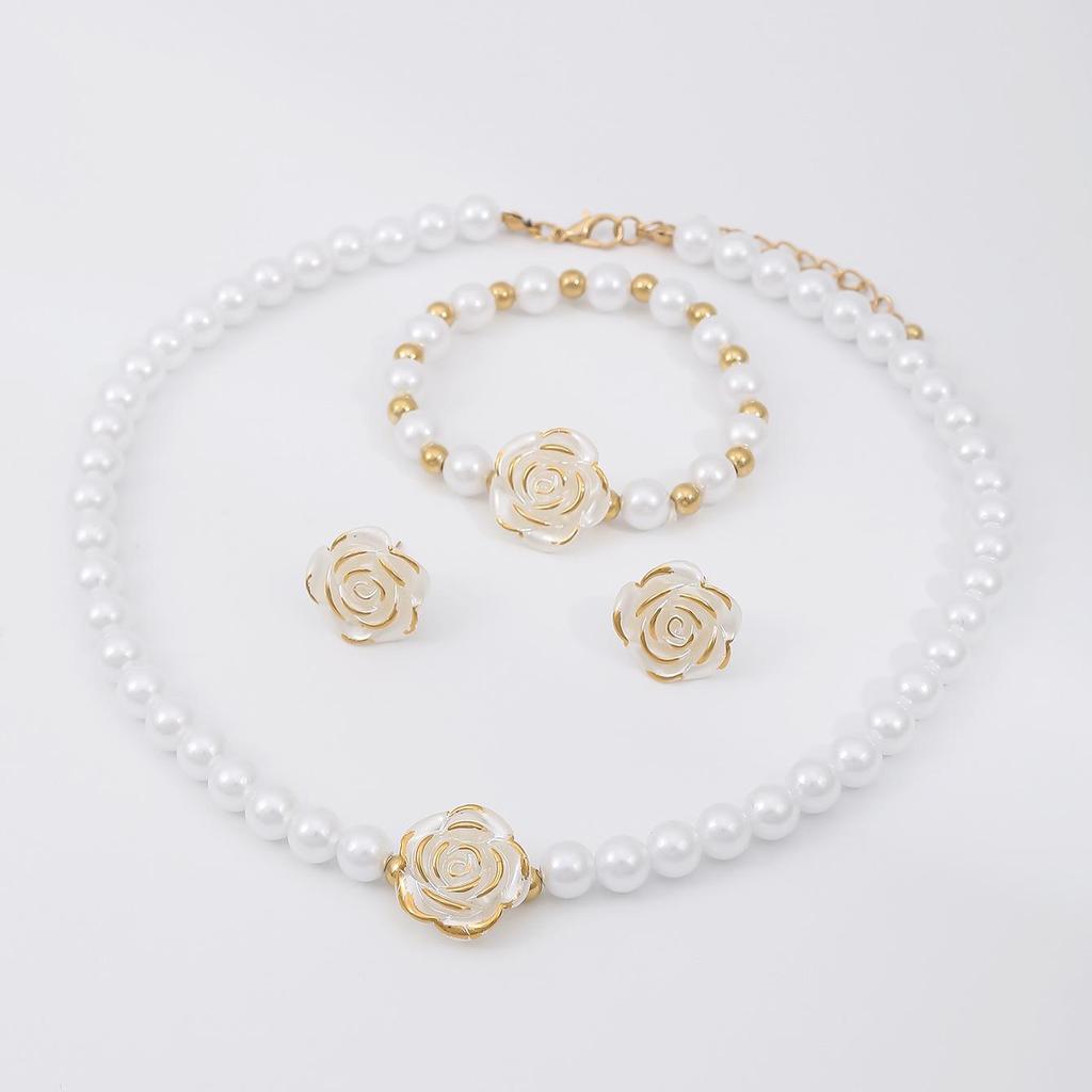 Camellia Pearl Jewelry Set: Women's 3-Piece Set with Necklace, Bracelet, and Stud Earrings.