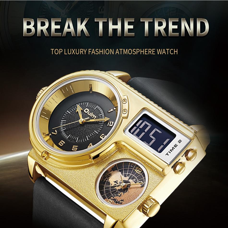 Oulm Véritable marque de mode grand cadran montre à Quartz en cuir véritable sport montre pour hommes décontractée montre pour hommes en or
