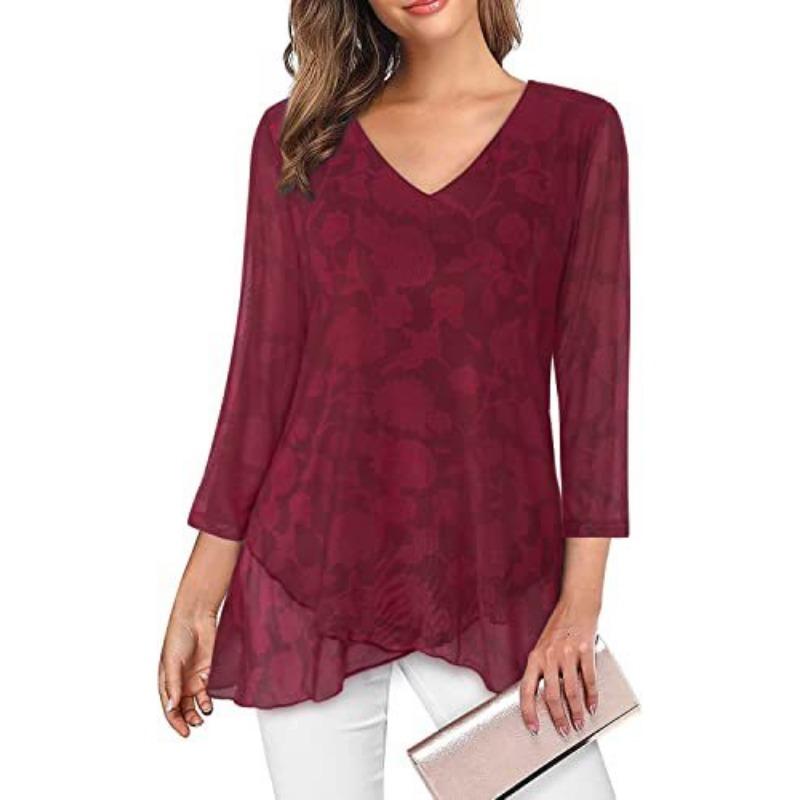 Summer Loose Seven-quarter-sleeved Chiffon Blouse Women V Neck Loose Plus Size Irregular Shirt Fashion Elegant Printed Female Top Mesh Clothing 3276