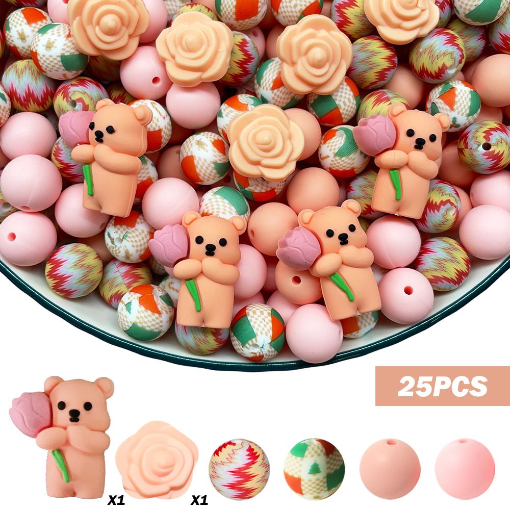

25PCS 3D cute teddy bear flower silicone bead set, perfect for DIY handmade crafts such as keychains, necklaces, bracelets, etc