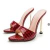 New European and American sexy snakeskin pattern pointed thin high-heeled cool slippers simple solid color large size banquet shoes