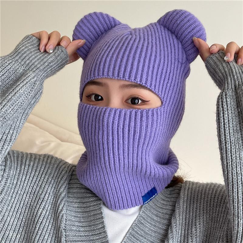 Cappello Pullover di Lana Autunno e Inverno Bambini Orecchie d'Orso Cappello Termico a Maglia Copricapo Antivento per Equitazione all'Aperto Sciarpa Integrata