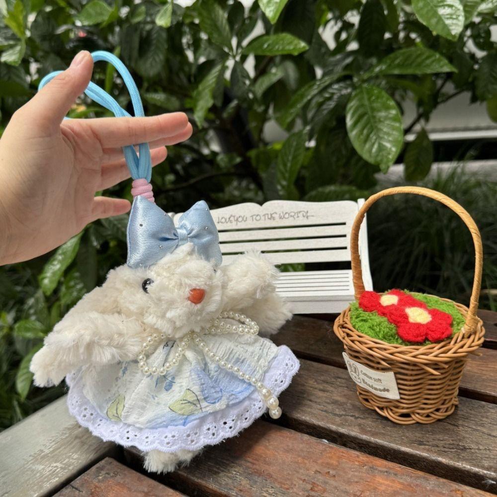 Bow Knot Bow Plush Rabbit Keychain Stuffed Cartoon Rabbit Doll Keyring Princess Pearl Dress Soft Plush Rabbit Keychain