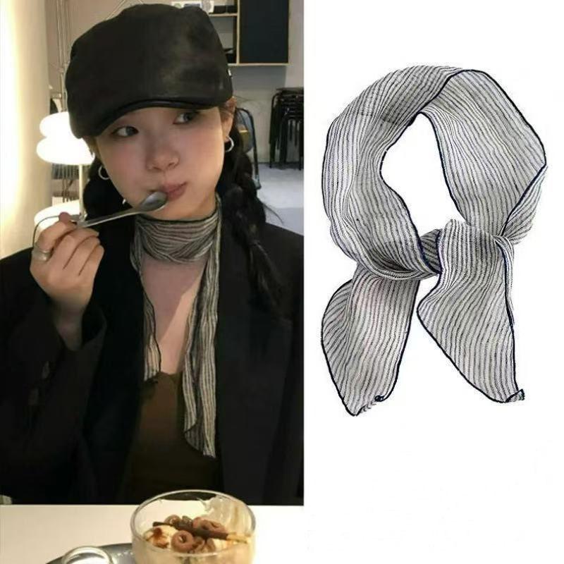 Retro Rain And Dew Striped Small Bow Tie Literary Versatile Women'S Summer Neck Protection Scarf Accessories Silk Korean Version
