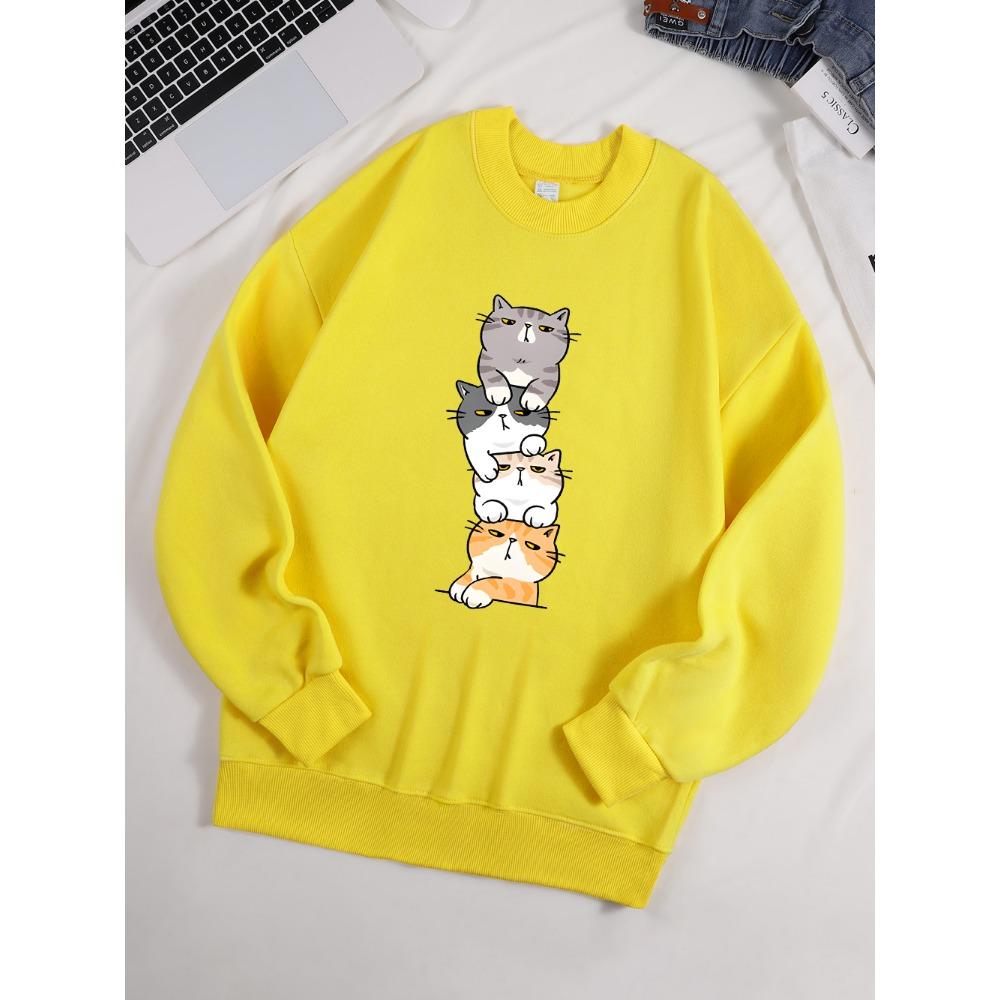 

2025 Four Cats Playing on Top of Each Other Prints Hoodie Women Autumn Winter Sweatshirt Basics Pullover Casual Women Clothes XL