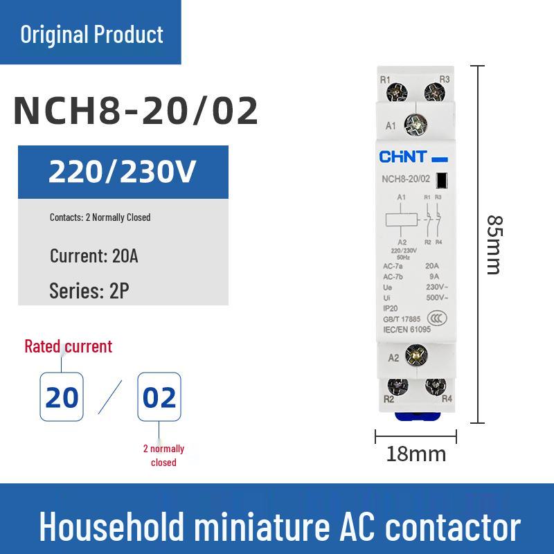 Chint Single-Phase AC Contactor NCH8-20/20, 20A, 240V, 2P, DIN Rail Mount