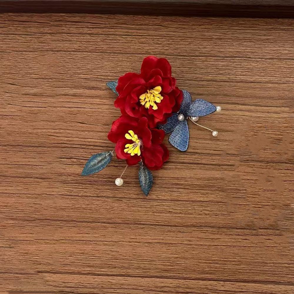 Pearl Wooden Hair Stick Tassel Hanfu Hairpin Classical Red Flower Hair Clip  Hair Chopstick