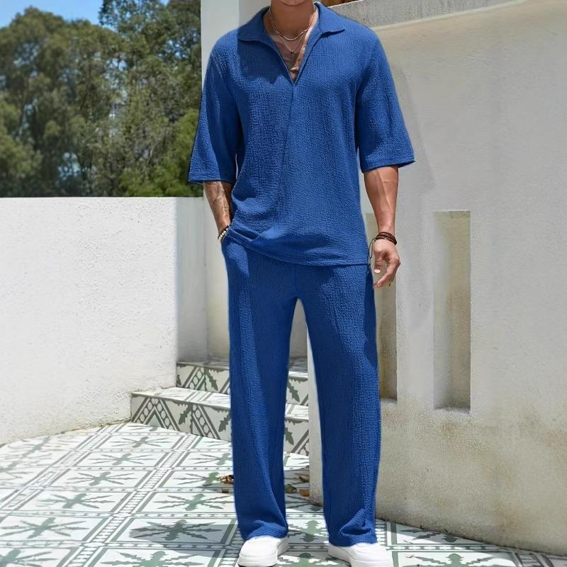 Men Casual Commute Solid Color Short Sleeve Shirt Long Pants Two Piece Set