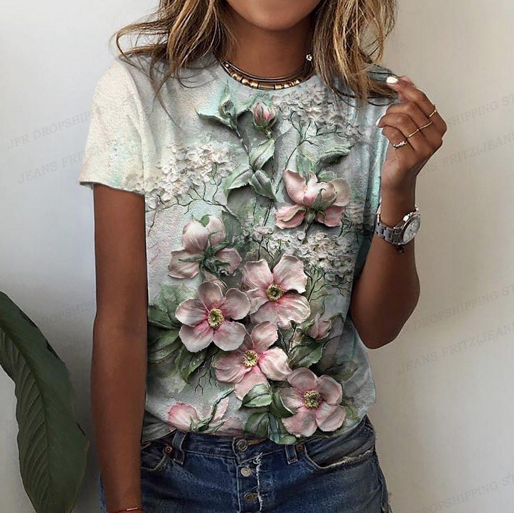 Summer women's T-shirt flower 3D printed T-shirt women's fashionable short sleeved T-shirt flower top Harajuku T-shirt bird