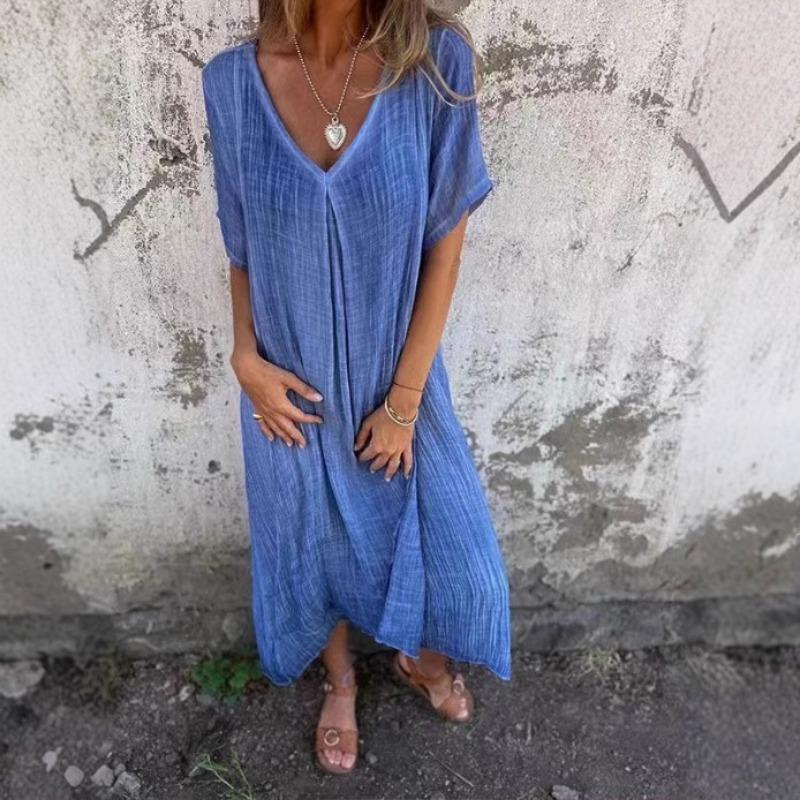 New European and American Cross-border Fashion Cotton and Linen V-neck Semi-formal Dress